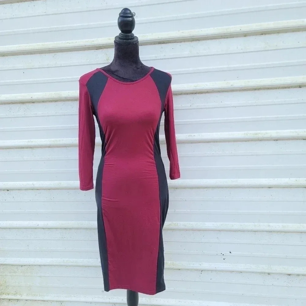 Yelete Black Burgundy Colorblock  Midi Dress Jersey Stretch Long Sleeve sz S